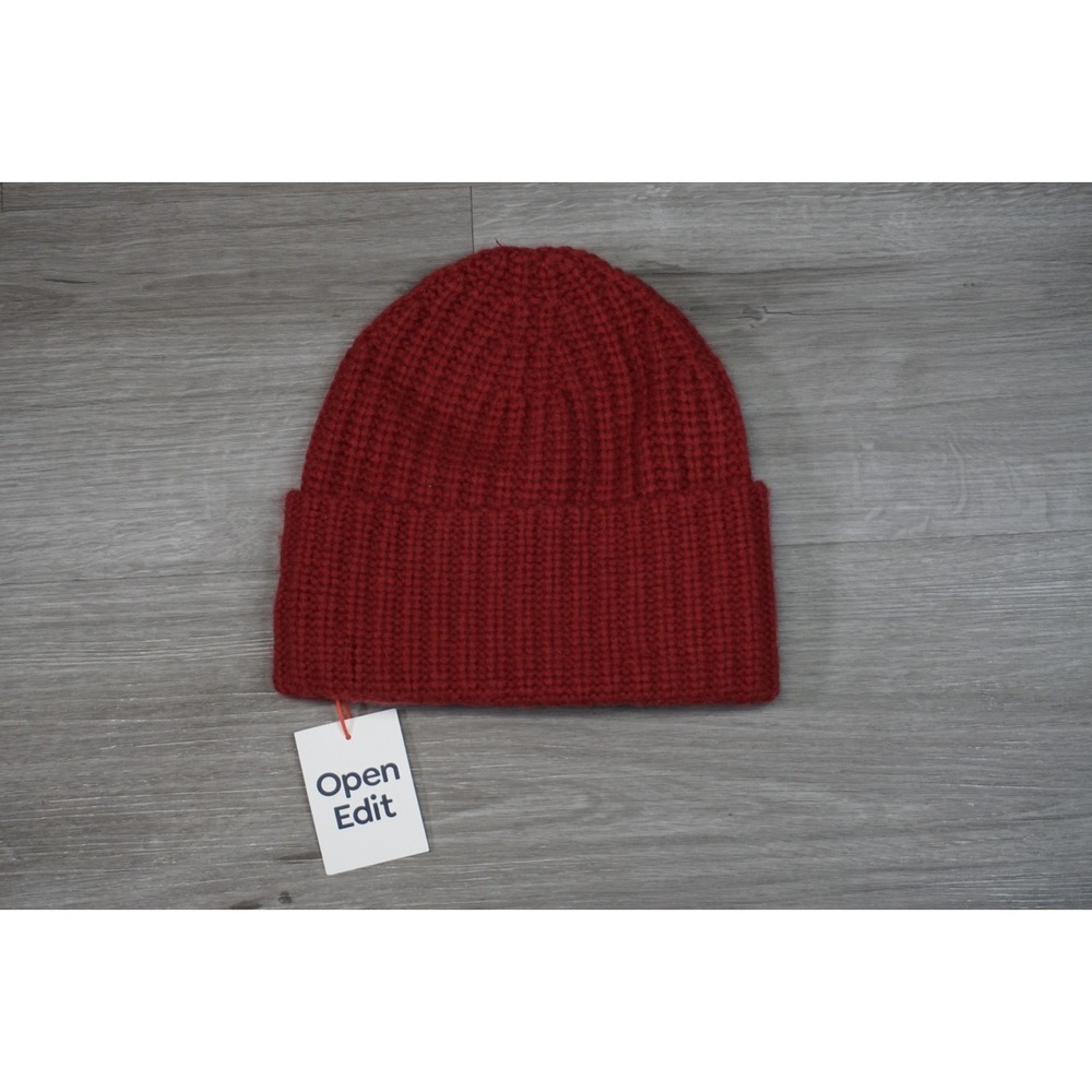 New Open Edit Wool & Cashmere Textured Knit Ribbed One Size Red Beanie Hat